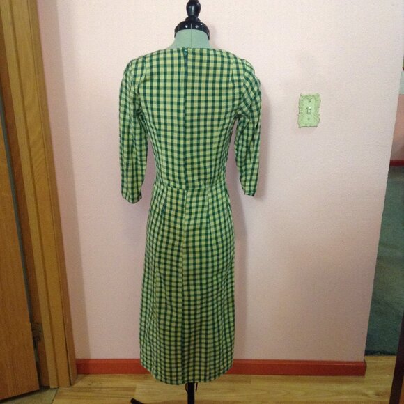 Retro Green Gingham Midi 1950s '50s-Style Wiggle Day Dress - Picture 2 of 5